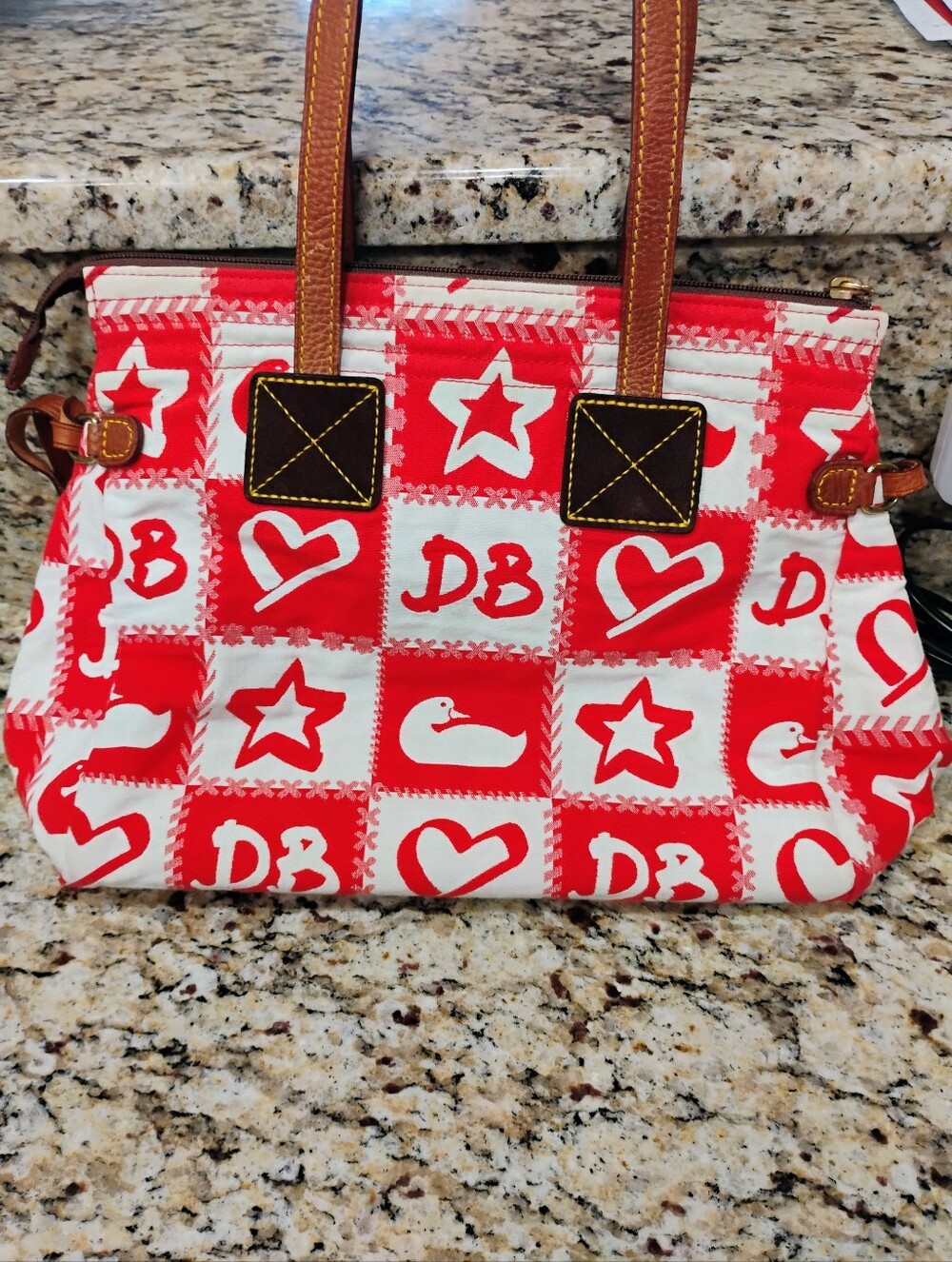 Dooney And Bourke Red & White Patterned Tote with Leather Handles. - Picture 2 of 5